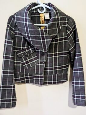 Plaid Cropped Jacket - Gray with Purple & White Trim